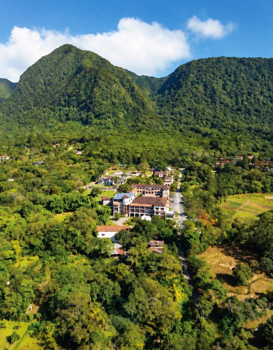 Aerial view of the hotel in the green El Valle crater