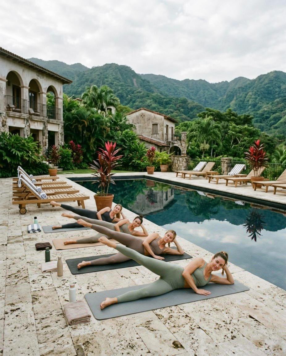 Women in a side-lying Pilates exercise on mats beside the pool terrace